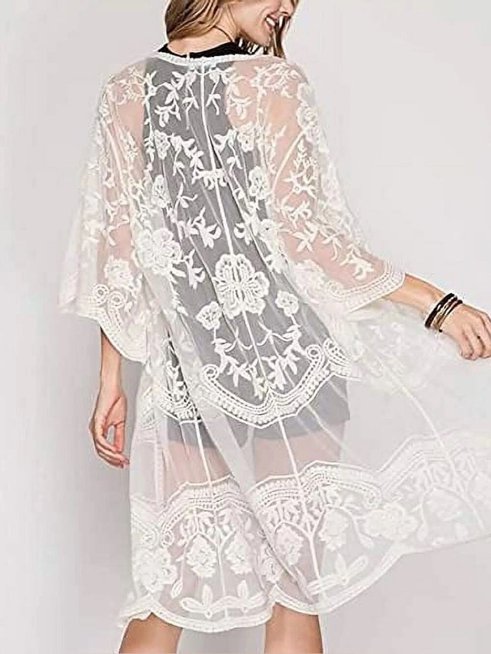 Dizzy Gal Sheer Long Lace Mesh Open Front Boho Festival Kimono Cover-Up Cream M